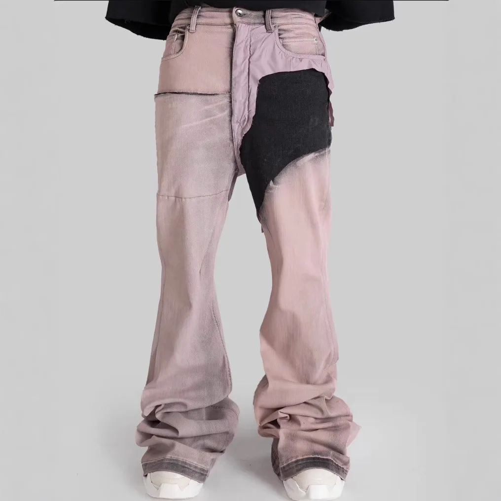 

High Street Men's Casual Pants Denim Men Trousers Patchwork Design Full Length Button Jeans for Man Techwear Men's Clothing