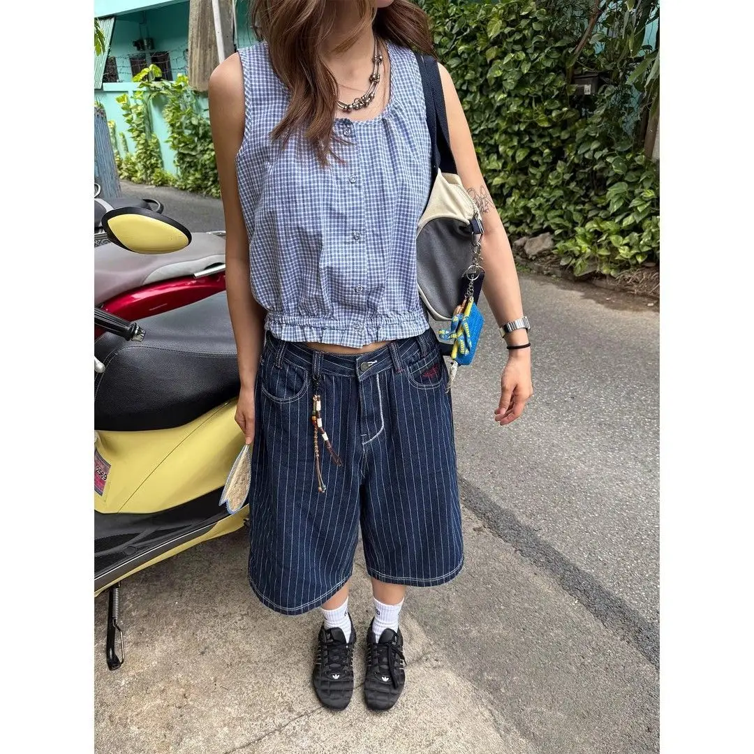 Calça jeans feminina listrada azul clara, vintage, verão, harajuku, y2k, baggy, japonesa, 2000s, tamanho grande