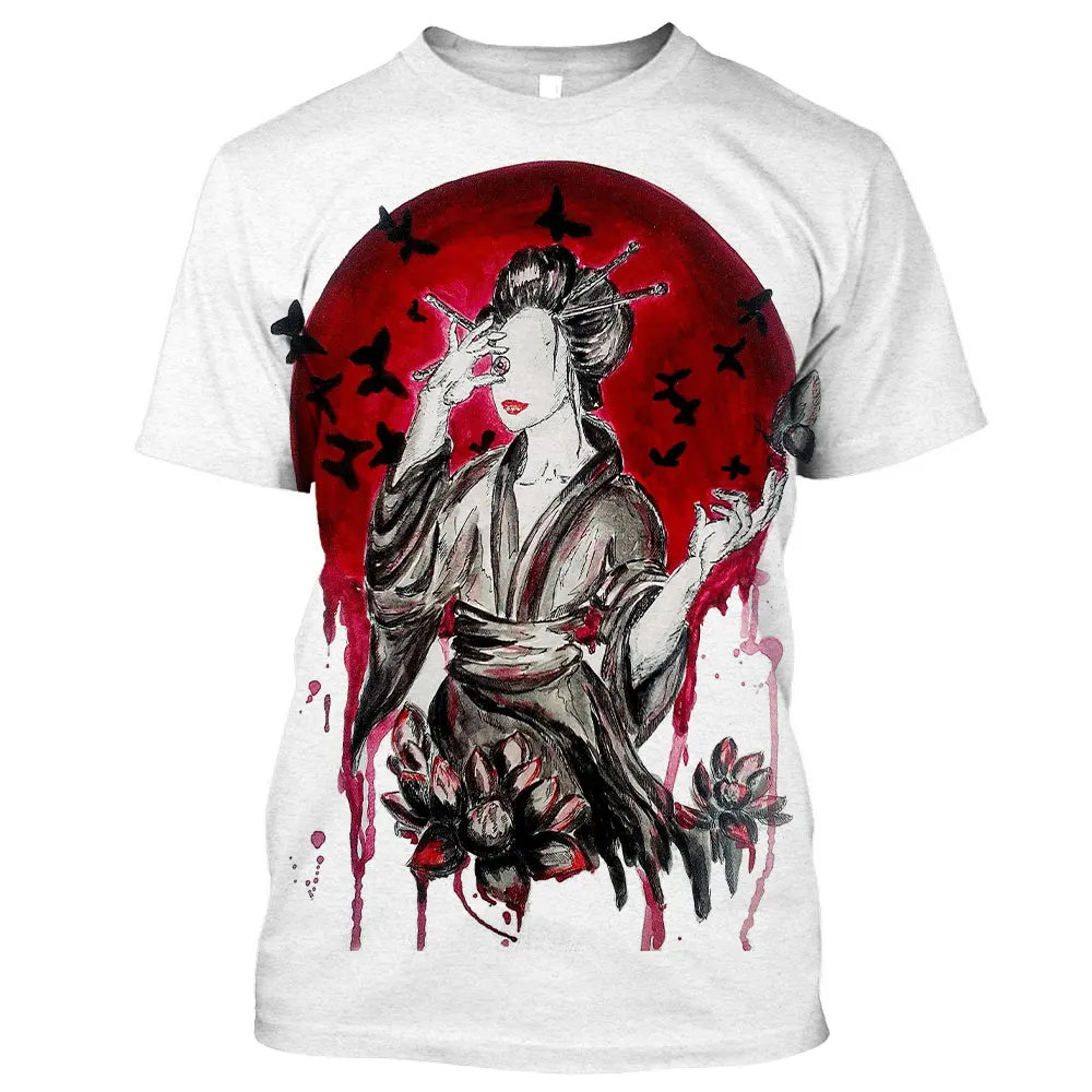 Japanese Geisha Samurai Men's T-shirt Round Neck Casual Short Sleeve Tops Tees Men T Shirt Summer Oversized Harajuku Streetwear