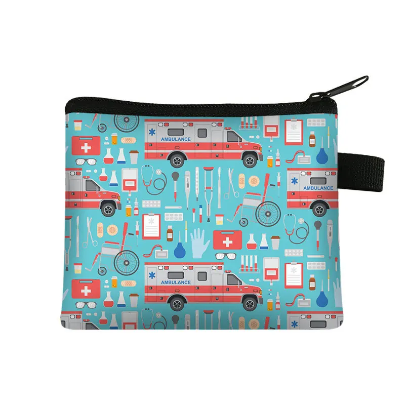 Portamonete portatile con cerniera per stampa da infermiera Porta carte per monete chiave da esterno per ospedale Borsa per auricolari Mini borsa per riporre soldi