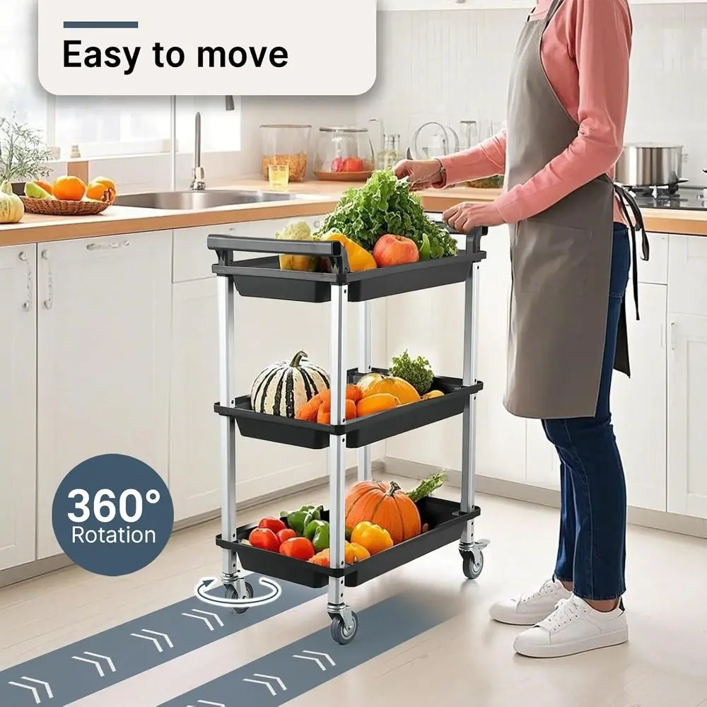 Carrello multiuso in plastica a 3 livelli con ruote bloccabili, organizer multiuso per casa, ufficio e cucina (nero)