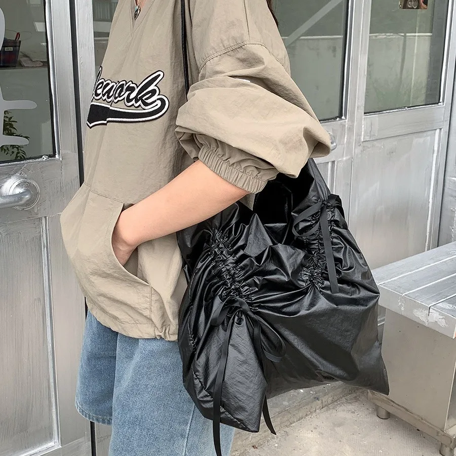 LEFTSIDE Fold Design Nylon Large Shoulder Bags for Women 2024 Y2K New Korean Fashion Trend Underarm Bag Lady Silver Handbags