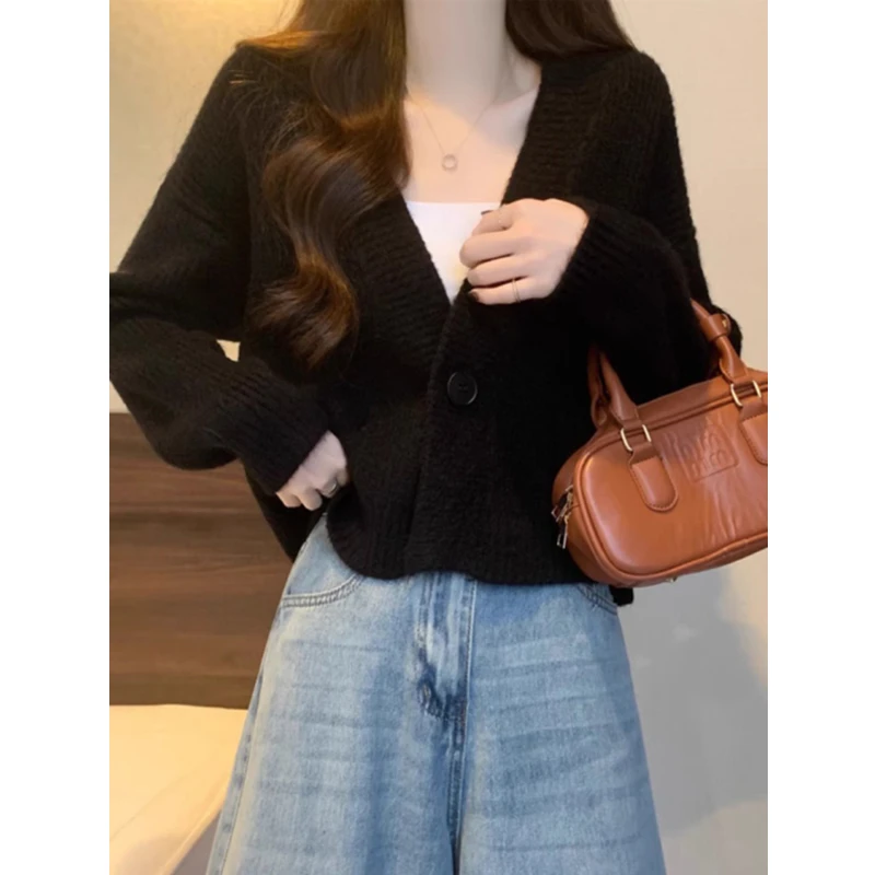 الخريف/الشتاء الكورية نمط قصير محبوك السترات أنيقة فضفاضة عادية الصلبة معاطف موضة الخامس الرقبة زر سترة سترة قصيرة