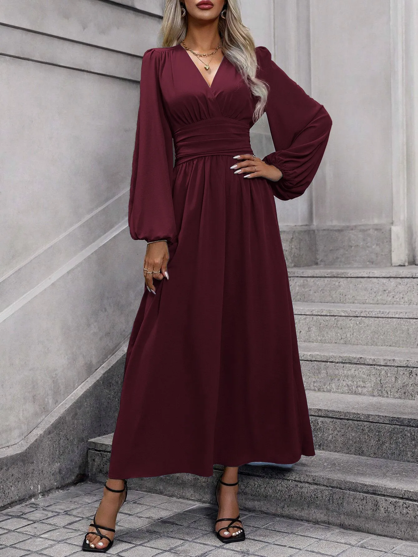 Französisches Retro-Kleid mit Laternenärmeln und Schlitz für Damen, Winter 2025, Strick-Bodycon-Maxikleid – Detail 23