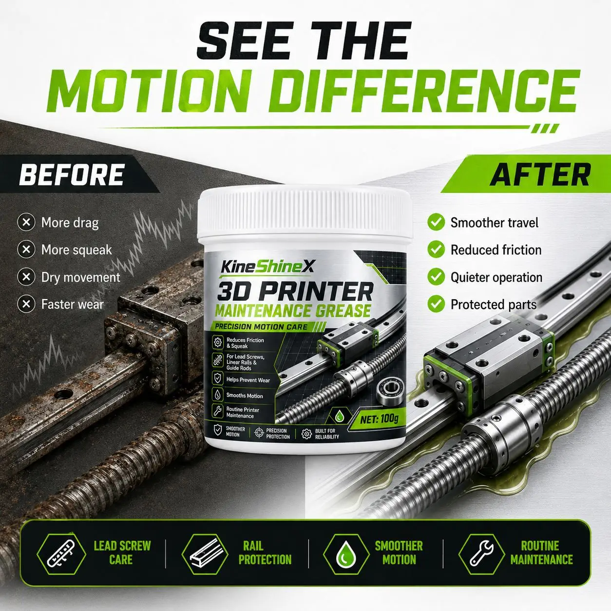 100G 3D Printer Maintenance Grease Lubricant for Lead Screws Linear Rails Guide Rods Bearings Smooth Motion Anti-Wear Care Paste