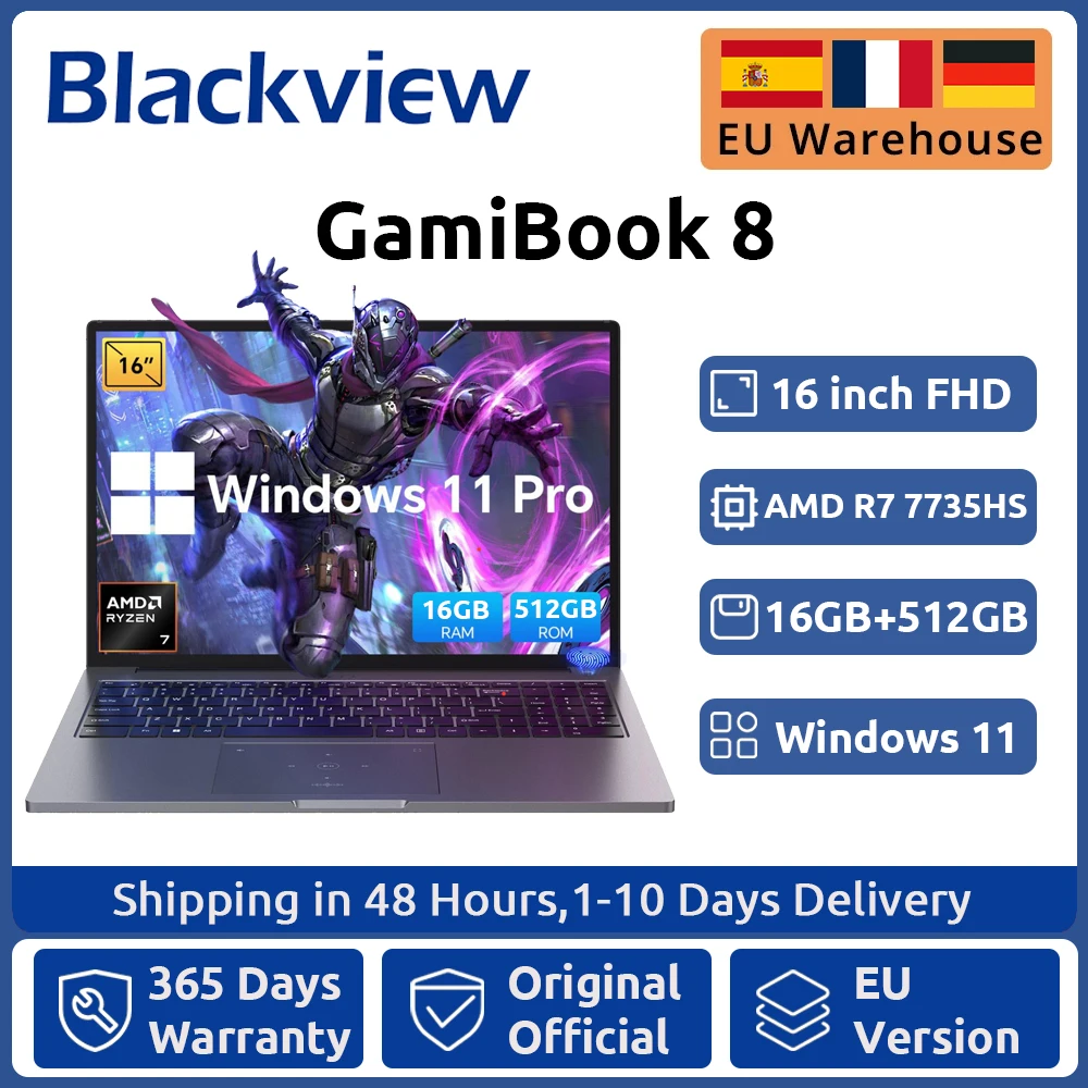 Vista negra ‎ GamiBook 8 AMD R7 7735HS 16 "5000MAH portátil 16GB LPDDR5 RAM 512GB ROM Windows 11Pro BT5.2 Wifi 6 teclado retroiluminado