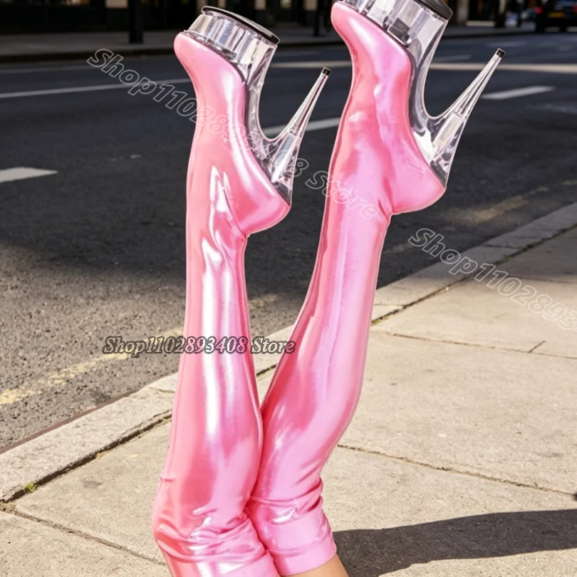 Glitter Performance Elastic Boots New Stylish Thin High Heels Clear PVC Platform for Women Pole Dance Boots Zapatos Para Mujere