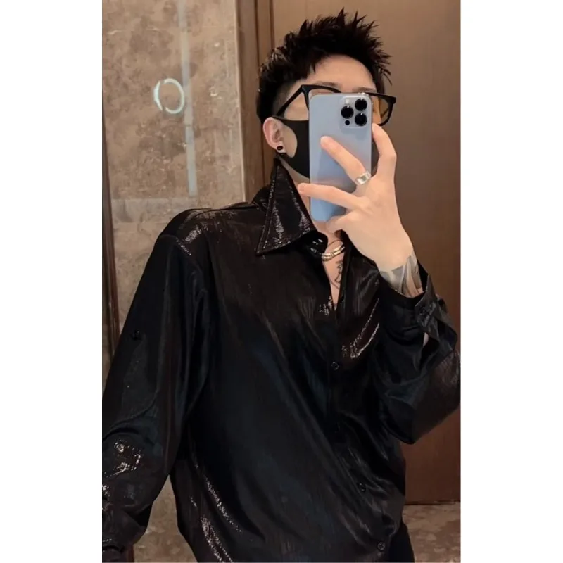 Menswear Clothing Stylish Simple Non-ironing Trendy Brand Liquid Long-sleeved Shirt Men's Loose and Casual High-end Lapel Shirt