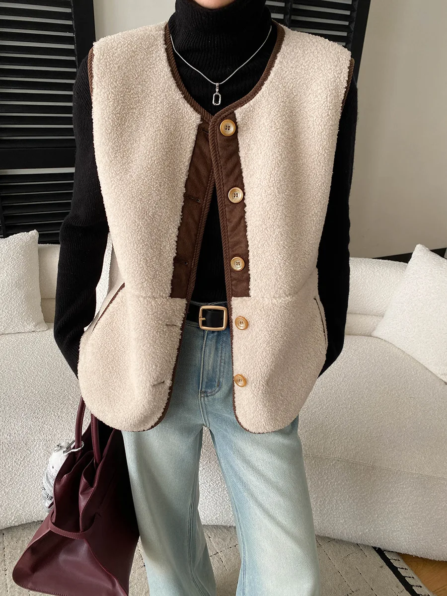 

Многослойный жилет из искусственной овечьей шерсти с цветными блоками и круглым вырезом, теплая куртка для женщин