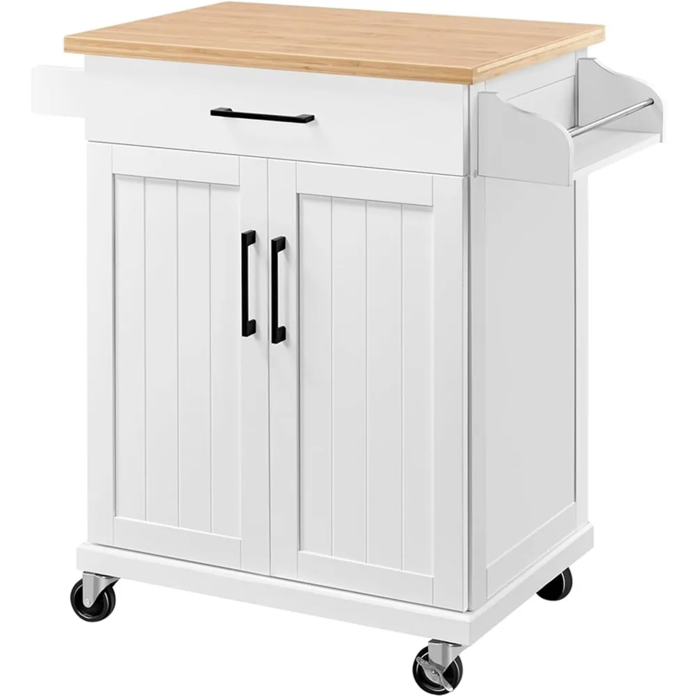 

Kitchen Cart with Bamboo Tabletop, Width Rolling Kitchen Island with Drawer and Adjustable Shelf, Storage Cabine