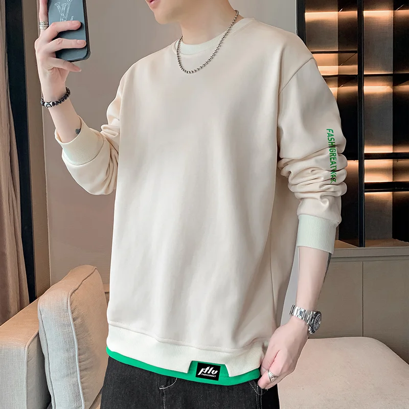 

Мужская толстовка, повседневный универсальный пуловер с круглым вырезом, однотонная футболка с длинными рукавами, топ