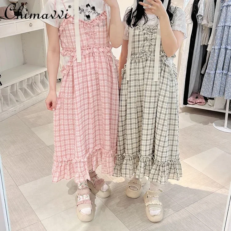 

Japanese Sweet Lace-up Bow 3D Bubble Fabric Plaid Suspender Dress 2024 New Fashion Temperament Mid-length Girls Women Dresses