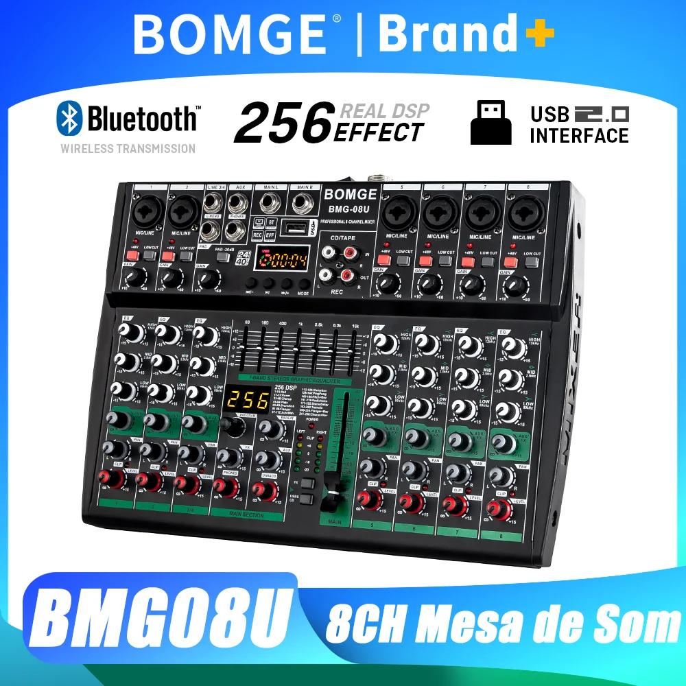 Mixer de Áudio BOMGE 256DSP com 4, 6 e 8 Canais, Mixer de Som Bluetooth para DJ, Suporta Entrada USB MP3 BT para Estúdio e Gravação