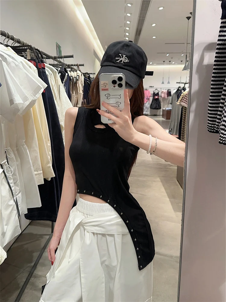 Conjunto dulce de verano para mujer, chaleco con cuello redondo irregular ahuecado, pantalones casuales versátiles de cintura alta, conjunto de dos piezas a la moda