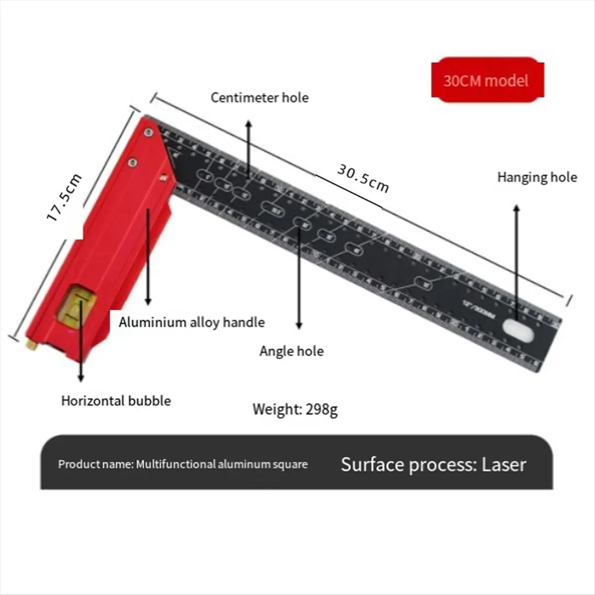 Top Sale - Aluminum Alloy Multi-Function 90 Degree Woodworking Square Combination Square Hole Ruler 40CM