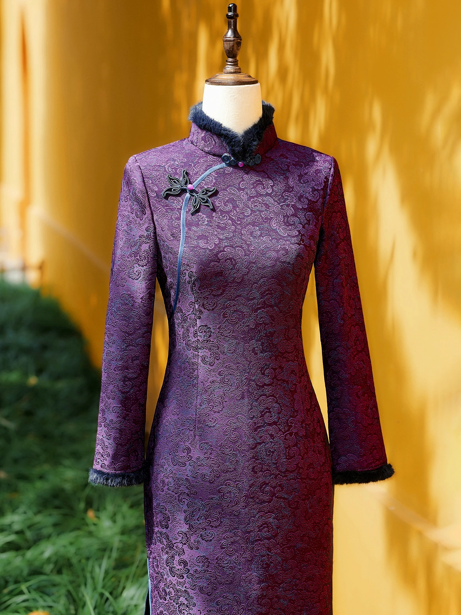 

Purple Long Sve Lace Fro Coat Thiened Fce Wedding Dr for Mom Autumn Winter New Arrival Vintage Sle Evening Gown