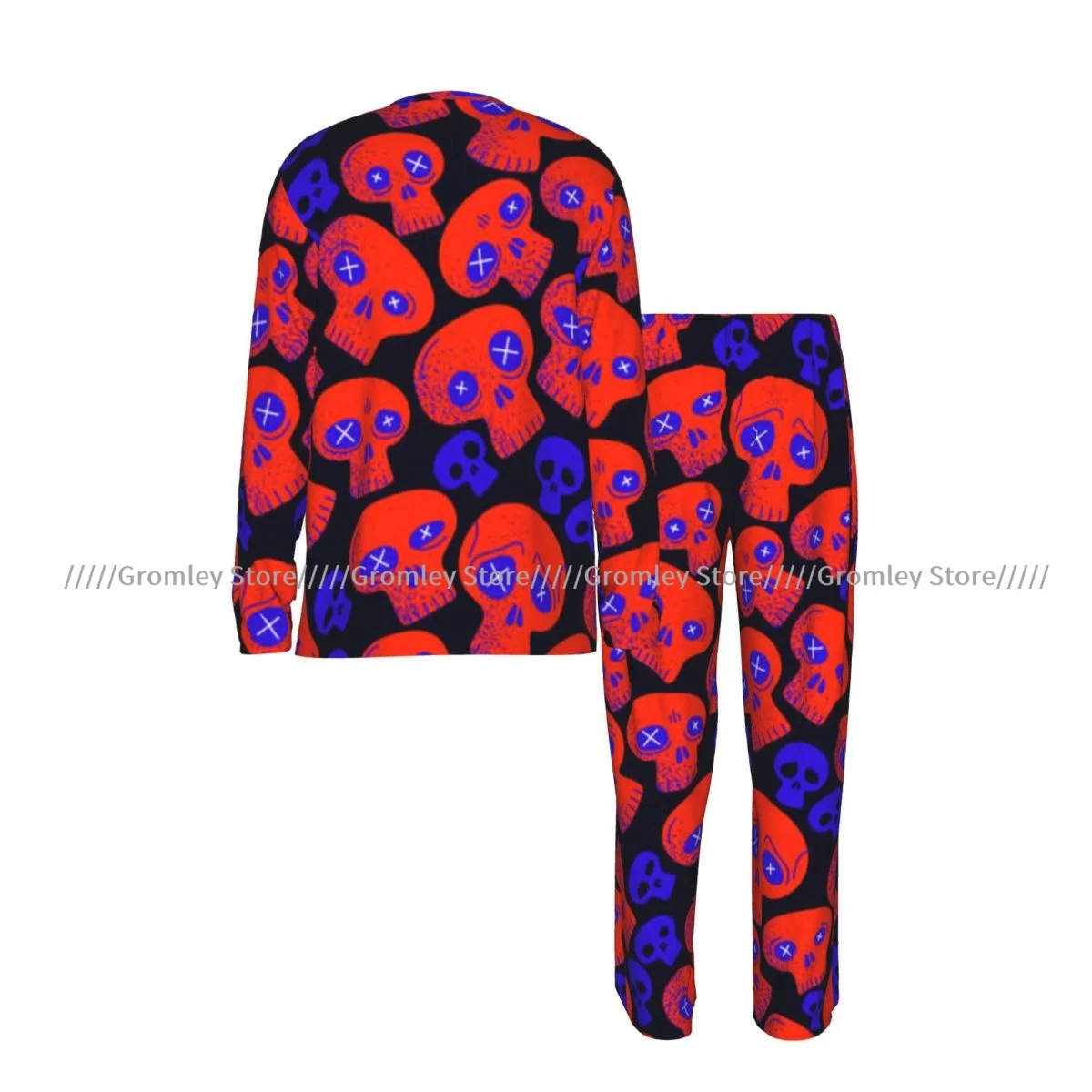 Men's Long Sleeve Long Pants Pajama Set Skulls Pattern Casual Loungewear and Sleepwear for Home