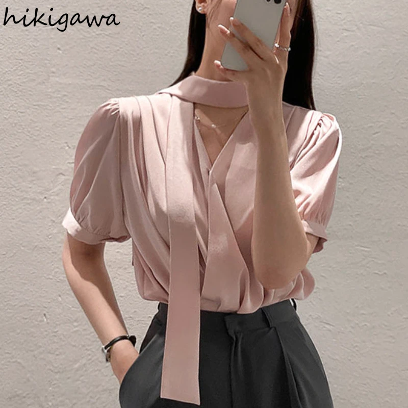 Korean Chic Blouses for Women V-neck Puff Sleeve Solid Color Shirts 2024 Blusas Mujer De Moda Vintage Summer Elegant Blouse Tops