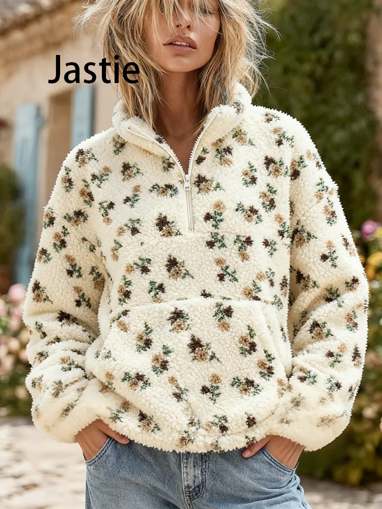 

2026 Женская толстовка с капюшоном из искусственной овечьей шерсти в стиле бохо с цветочным принтом и карманом на молнии, свободный топ, женское осеннее шикарное повседневное праздничное пальто