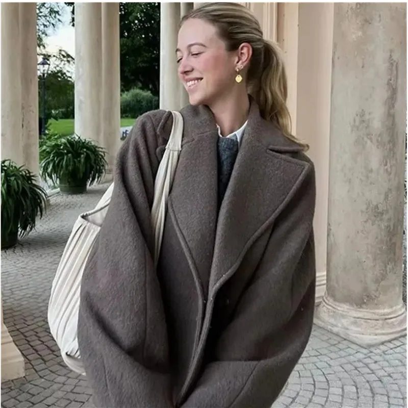 

Women's Double Breasted Wool Coat Autumn Winter Fashion Lapel Long Sleeves Short Blazer Jacket Elegant Solid Warm Loose Outwear
