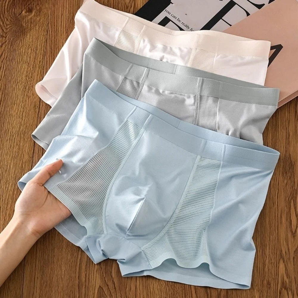 

Простые брюки на плоской подошве, мужские трусы-боксеры, бесшовное сетчатое нижнее белье для мужчин, тонкие трусы из мягкого ледяного шелка, повседневные