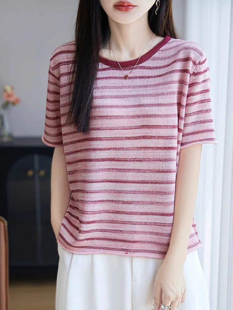 Summer New Pearl Linen ort Sve T-irt Women round Ne Striped Knitted Loose Casual Versatile Top Thin Sle