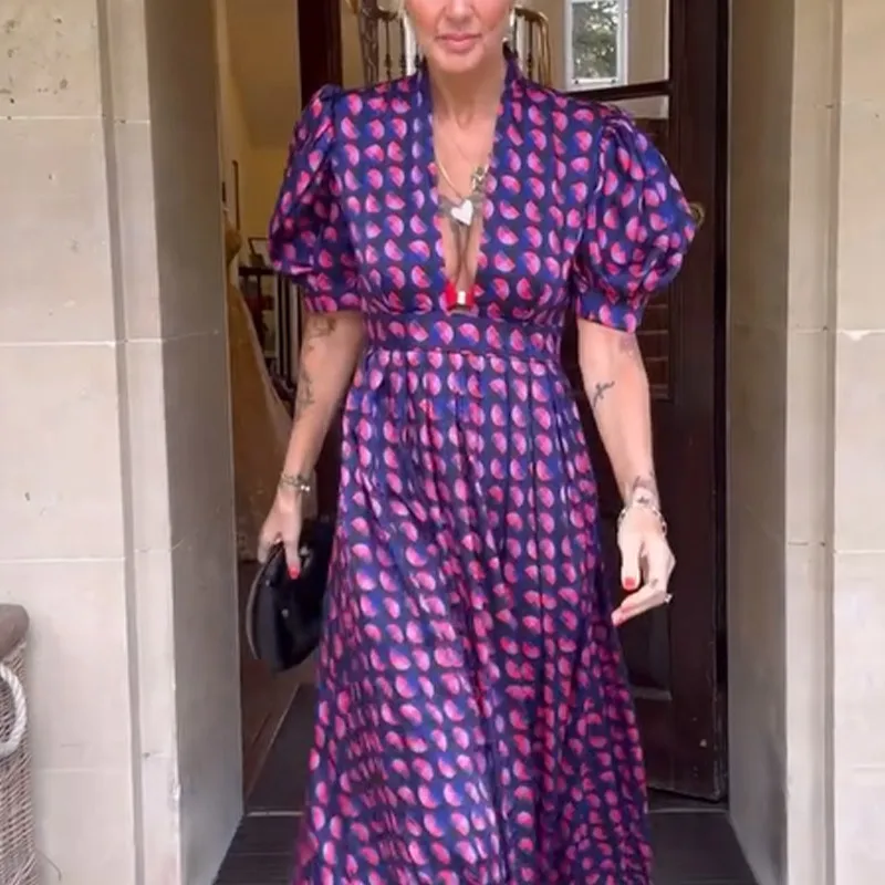 Spring and summer new style elegant deep V-neck short sleeved printed dress cross-border French women's clothing