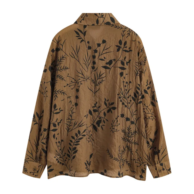 2025 autumn Japanese retro vertical lazy style with grass and wood print pattern design, long sleeved loose shirt top for men