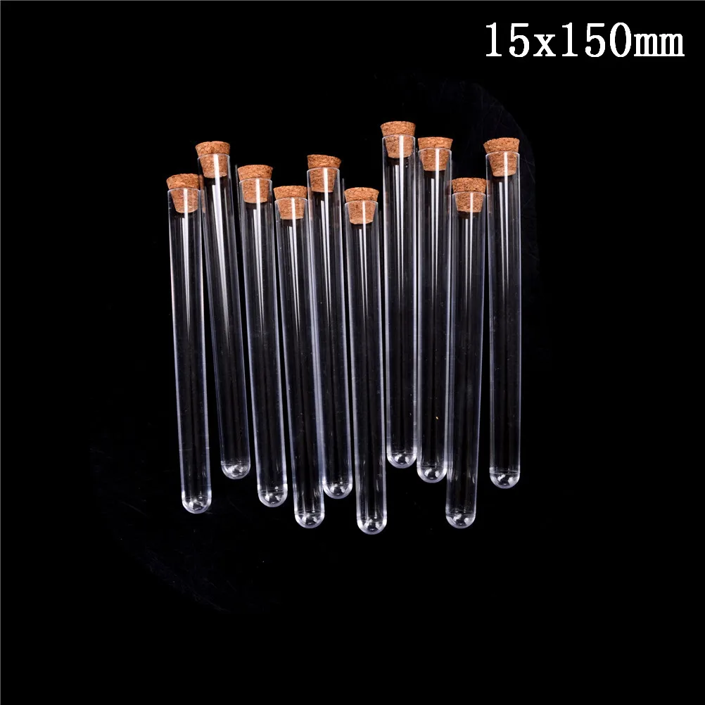 10Pcs Plastic Test Tube With Cork Clear Durable Round Bottom Test Tube Lab Experiment Supplies 15*150mm