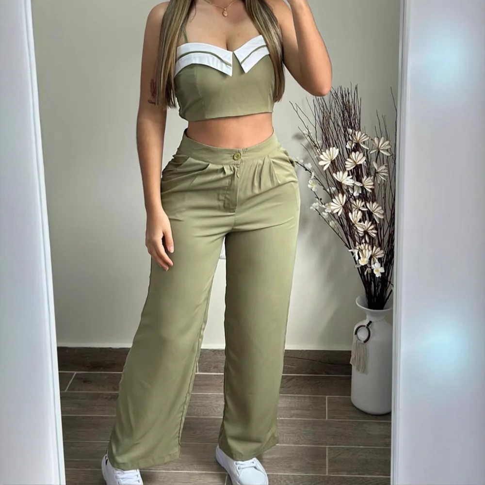 

Summer Sexy Camisole Top+wide Leg Pants Two-piece Set Women's Foreign Style Color Blocked Top Suit Ladies Fashion Office Outfit