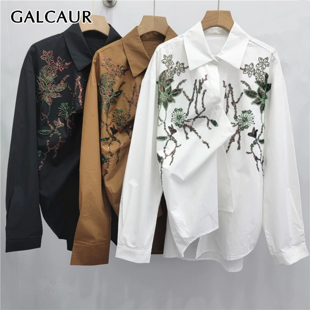 GALCAUR solide épissé paillettes chemise femme revers à manches longues conception ample tempérament femmes chemises automne mode nouveau Style