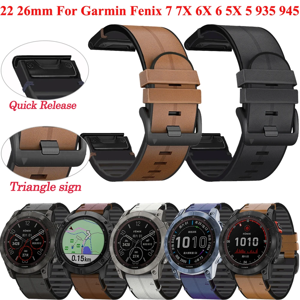 22 26mm Genuine Leather Watchband Strap For Garmin Fenix 7X 7 6 6X Pro 5 5X 3HR 935 Smartwatch Bracelet Quick Release Wristbands