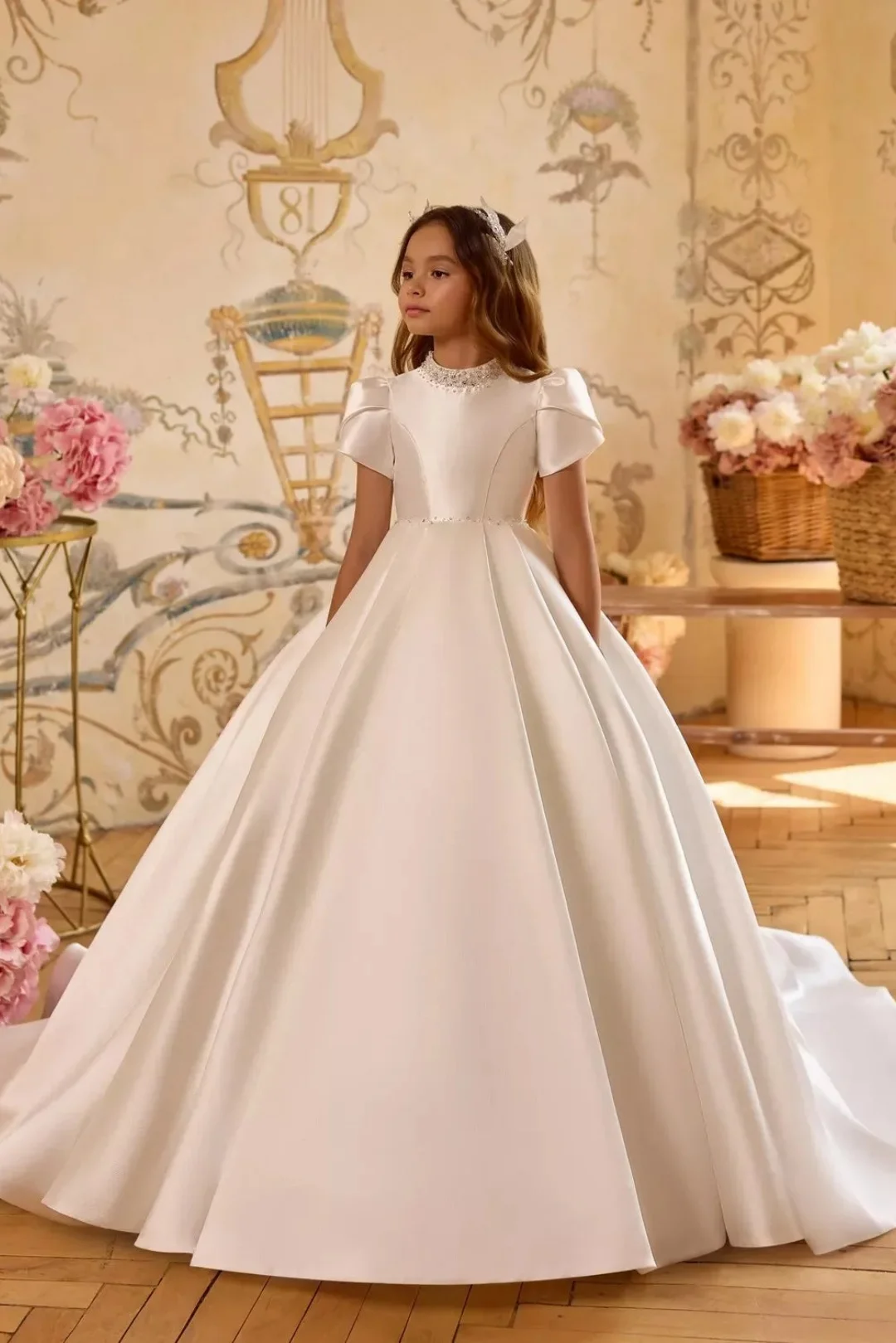 Customized Ivory Flower Girl Dress For Wedding Satin Puffy Beaded Pearls Simple Full Sleeves Kids Birthday First Communion Gown