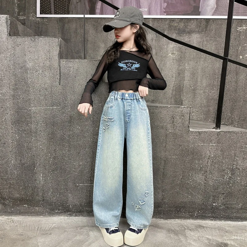 Girl Jeans Elastic Waist Heart Applique Kids Casual Denim Pants For Tweens Child Autumn Spring Straight Wide Leg Jeans Trousers