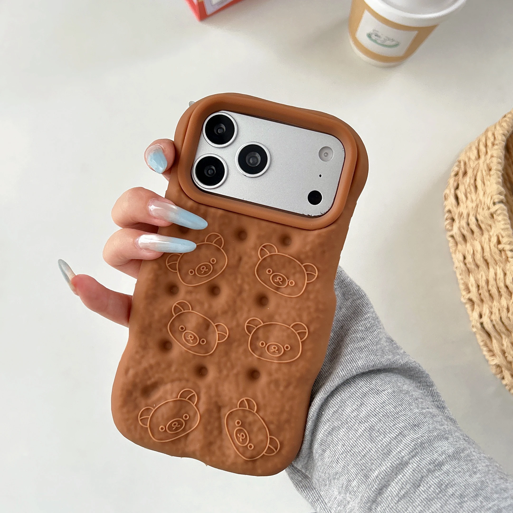 3D Puffed Bread Bear Phone Case, Silicone Protective Cover with Embossed Teddy Bear Pattern for iPhone 17/16/15/14/13/12 Pro Max view 3