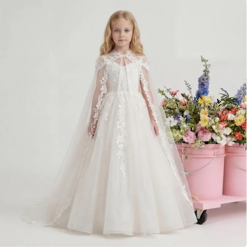 White Lace Tulle Cape Flower Girl Dress Embroidery Applique Floor Trailing Train Kids Gown Wedding Bridesmaid Baptism Communion
