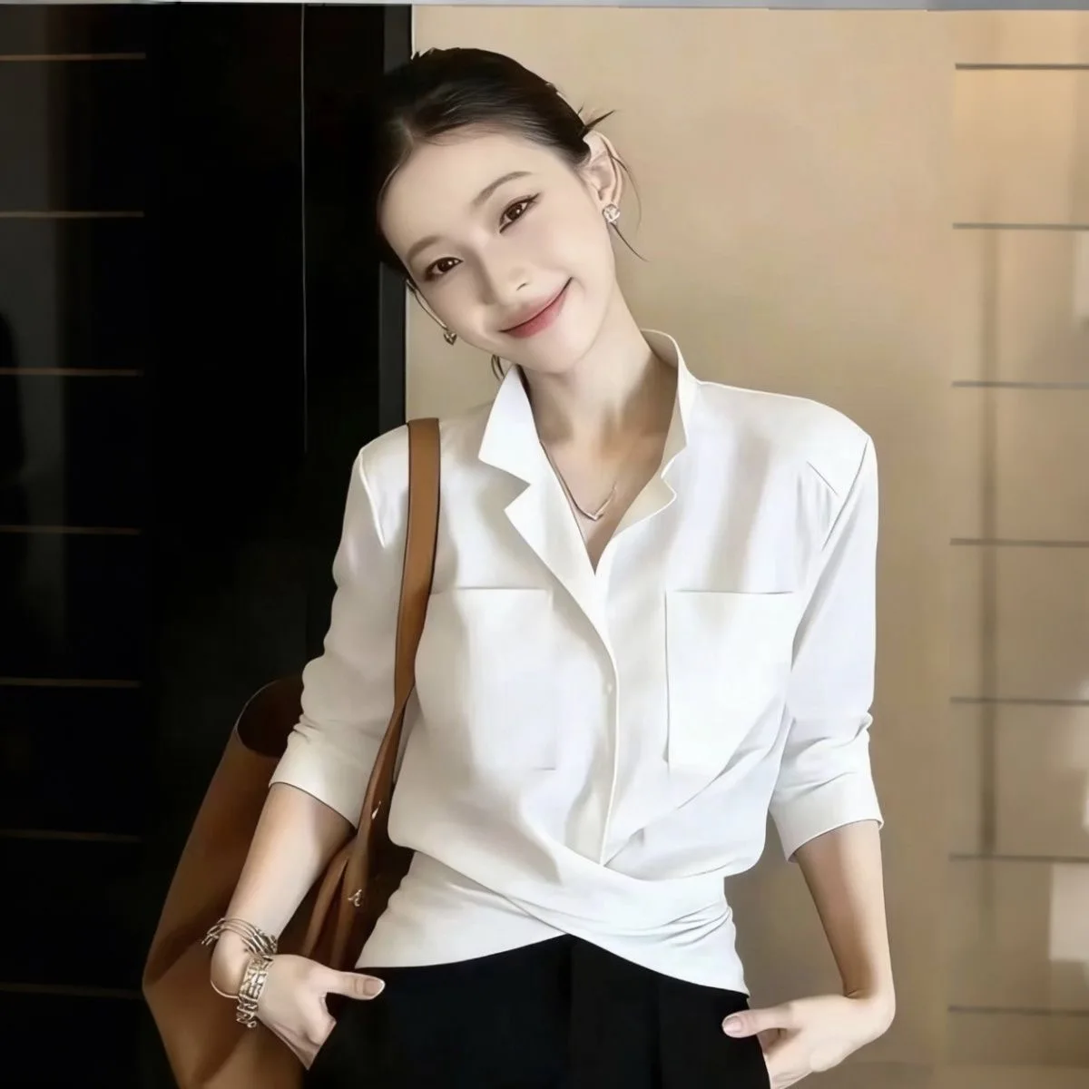 Elegant Long Sleeve Women's Shirt Waist-Cinching Cross Design Spring 2026 New Style Commute Style Polyester Fiber Casual Shirt