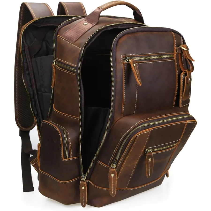 حقيبة ظهر LANNSYNE للرجال من الجلد المحبب بالكامل مقاس 15.6 بوصة للكمبيوتر المحمول والتخييم والسفر 24 لتر #4