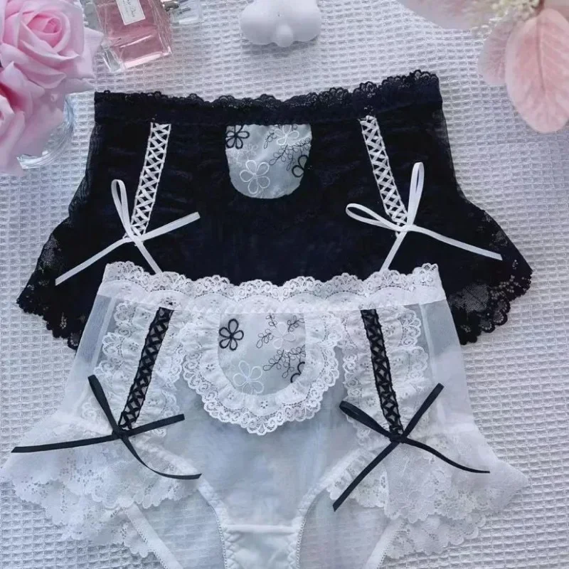 Big Size Lolita Sexy Lace Bow Briefs Sissy Mesh Mid-waist Panties Cross-dressing Transparent Embroidery Cute Briefs