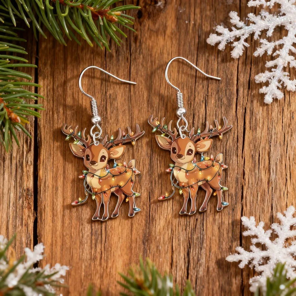 Cute Christmas Reindeer with String Lights Acrylic Dangle Earrings, Cartoon Fawn Xmas Drop Earrings, Winter Festive Holiday Jewelry for Women Girls, 1 Pair