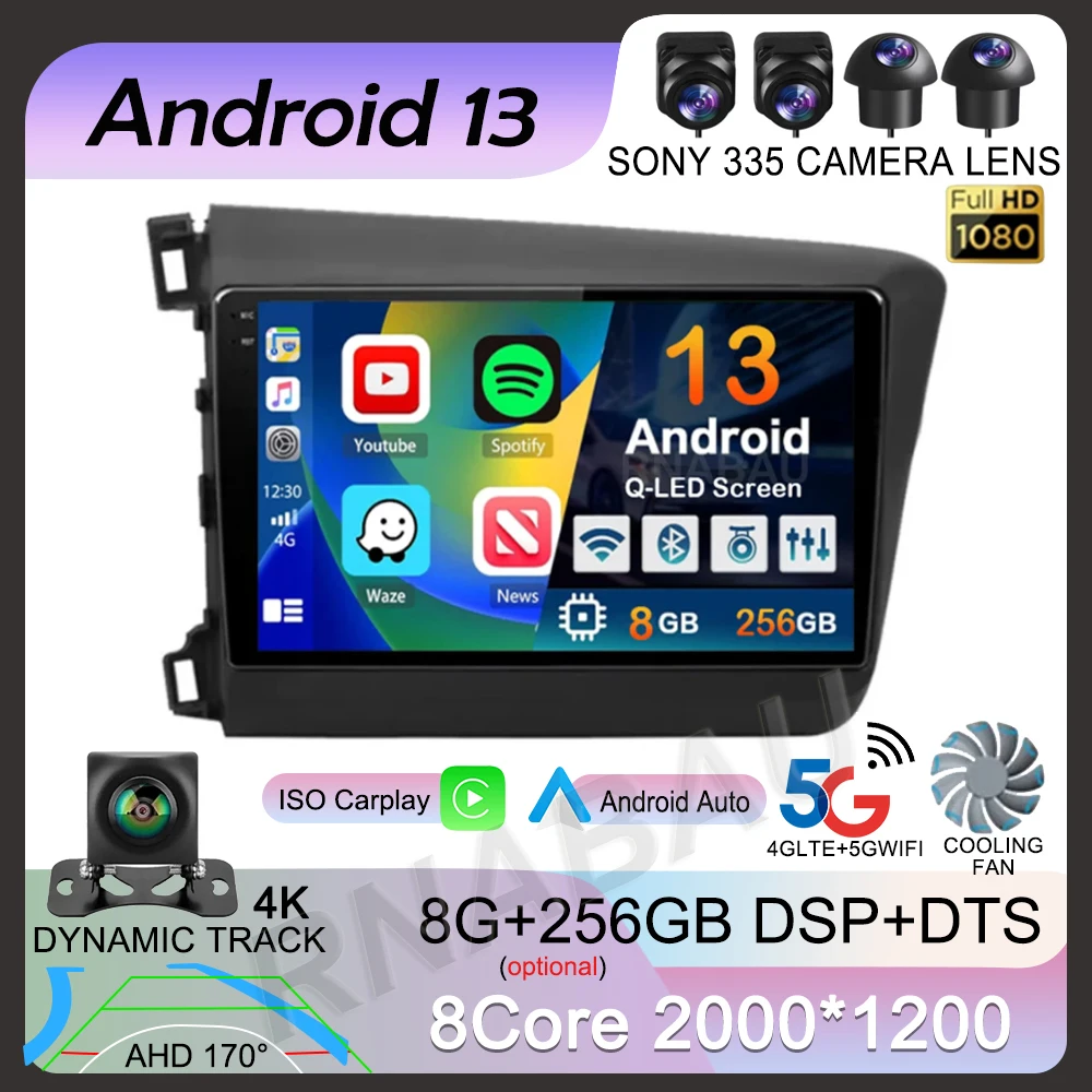 

Android 13 Carplay Auto WIFI+4G Car Radio For Honda Civic 2012 2013 2014 2015 Multimedia Player Stereo GPS Head Unit No DVD 2Din