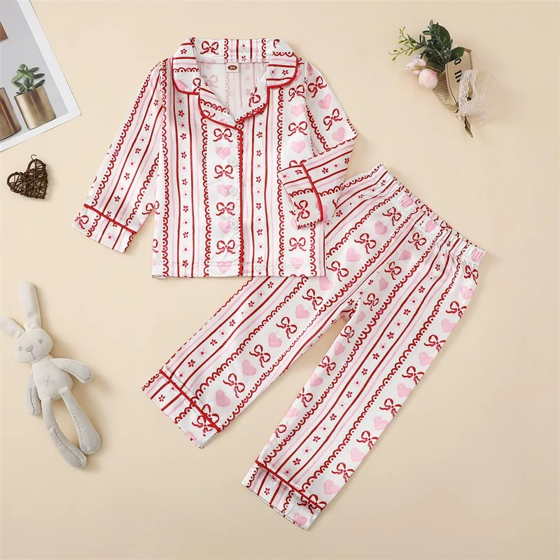 Kids Girls Valentine s Day Pajamas Set Bow Heart Print Long Sleeve Shirts Tops Long Pants 2 Pieces Lounge Suit Sleepwear