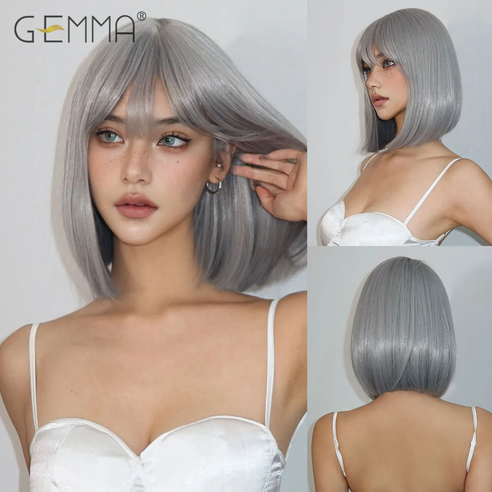 Perucas sintéticas retas curtas com franja para mulheres brancas, cinza prateado, cabelo natural, resistente ao calor, cosplay, uso diário