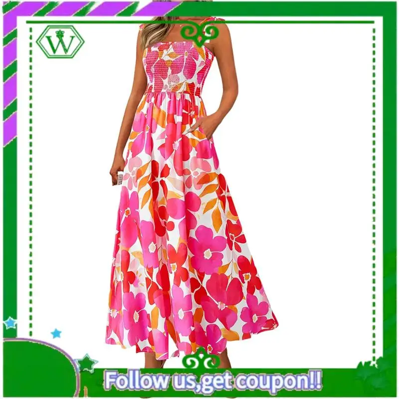 A18P-Vestiti estivi da donna Abito maxi smock floreale senza maniche Boho con cinturino per spaghetti A Line Flowy Beach Abito estivo lungo