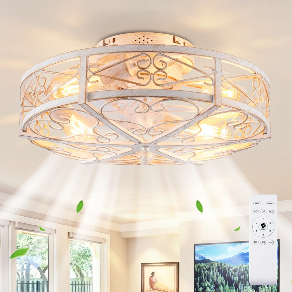 20'' Mounting Type Caged  Ceiling Fan with Lights and Remote Control  ,Reversible Motor, DC Remote Control,6 Speed Ceiling Fan,Timing, for Living Room, Bedroom, Dining Room--NOT Included Bulbs (WH)