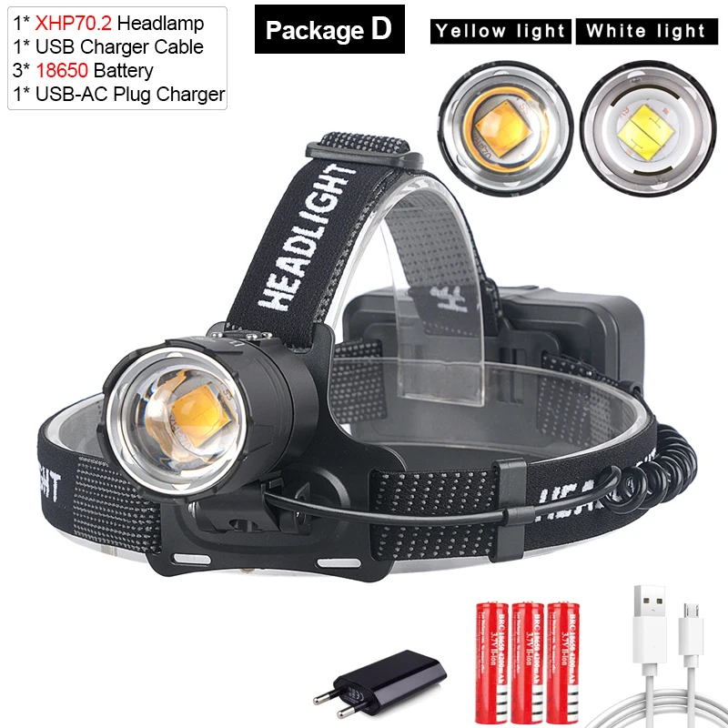 XHP70 Led-koplamp Meest krachtige oplaadbare koplamp met geel/wit licht Vissen Camping Zoom-koplamp Waterdichte koplamp