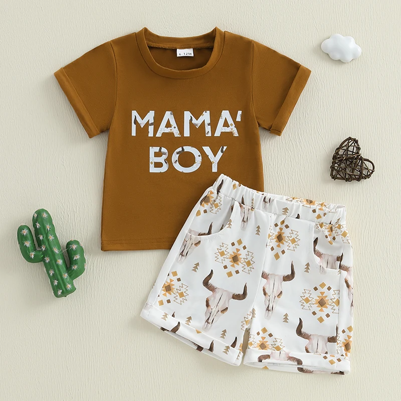 Boys Summer Shorts Sets Short Sleeve O Neck Letter Print Tops and Cattle Head/Duck/Tractor Print Shorts Sets
