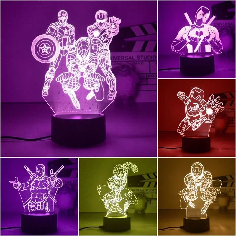 New Disney Marvel 3D Night Light Spiderman Ironman Deadpool Captain America Action Figure Table Lamp The Avengers Birthday Gifts