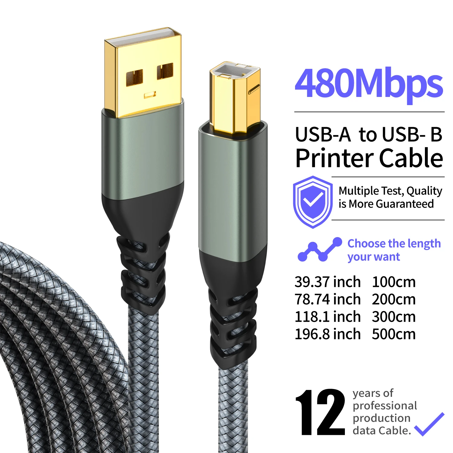 USB-A to USB-B Printer Cable High-Speed Data Transfer Durable Computer Peripherals for Office Use