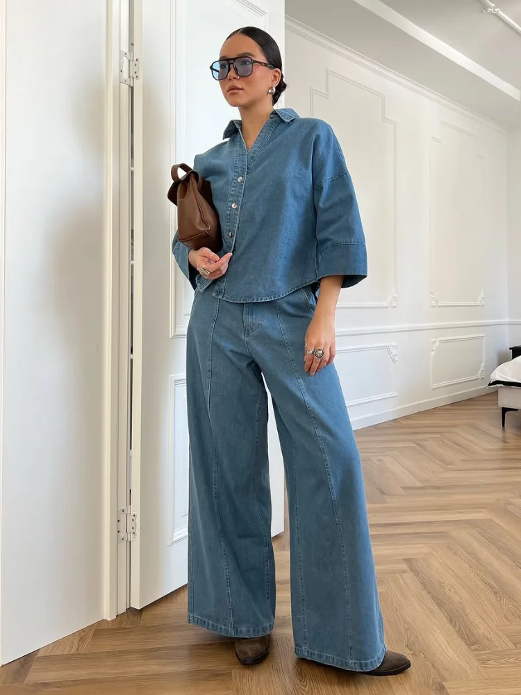 

2025 New Single Breasted Denim Shirt Sets Women Chic Lapel Half Sleeve Tops Wide Leg Pants Suit Ladies High Street Summer Outfit